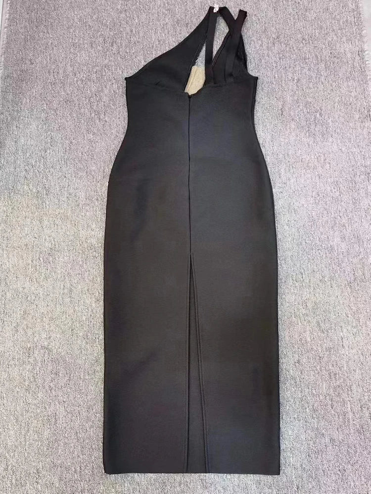 Hollow Out Diamonds One Shoulder Mesh Patchwork Evening Party Bodycon Bandage Midi Dress