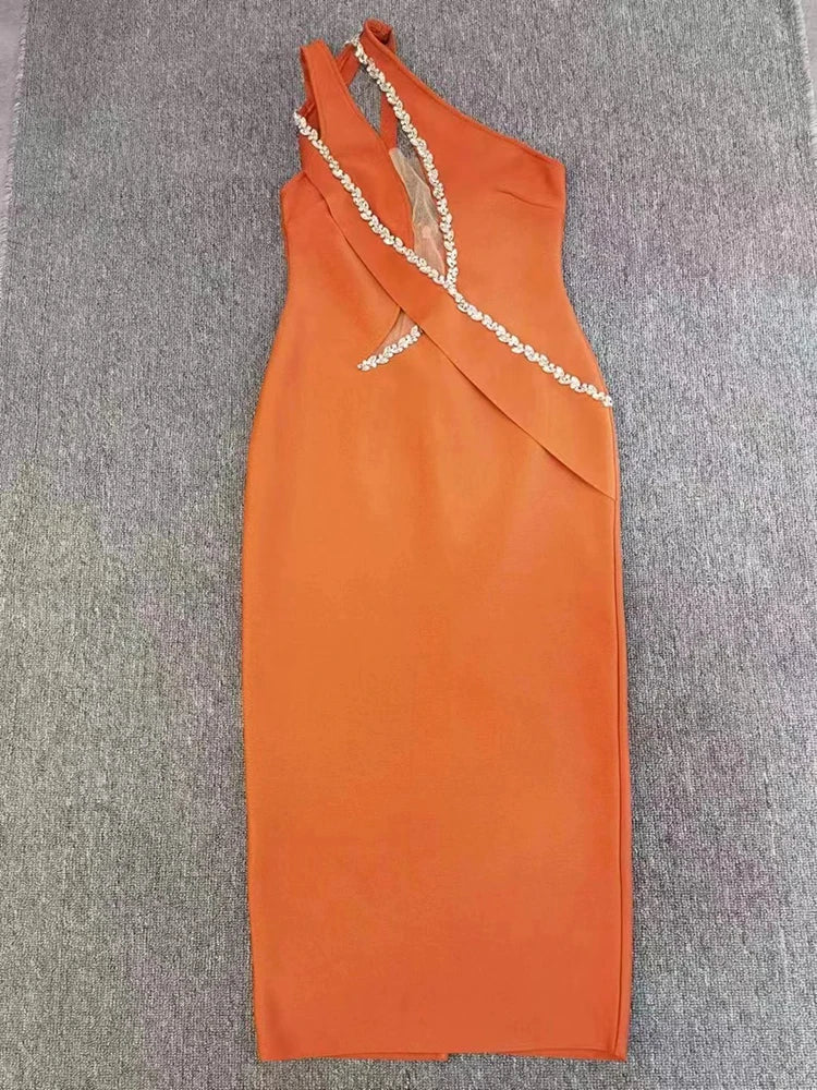 Hollow Out Diamonds One Shoulder Mesh Patchwork Evening Party Bodycon Bandage Midi Dress