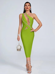 Hollow Out Diamonds One Shoulder Mesh Patchwork Evening Party Bodycon Bandage Midi Dress