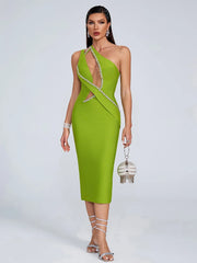 Hollow Out Diamonds One Shoulder Mesh Patchwork Evening Party Bodycon Bandage Midi Dress
