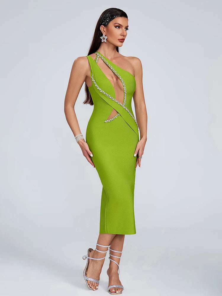 Hollow Out Diamonds One Shoulder Mesh Patchwork Evening Party Bodycon Bandage Midi Dress