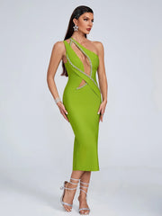Hollow Out Diamonds One Shoulder Mesh Patchwork Evening Party Bodycon Bandage Midi Dress