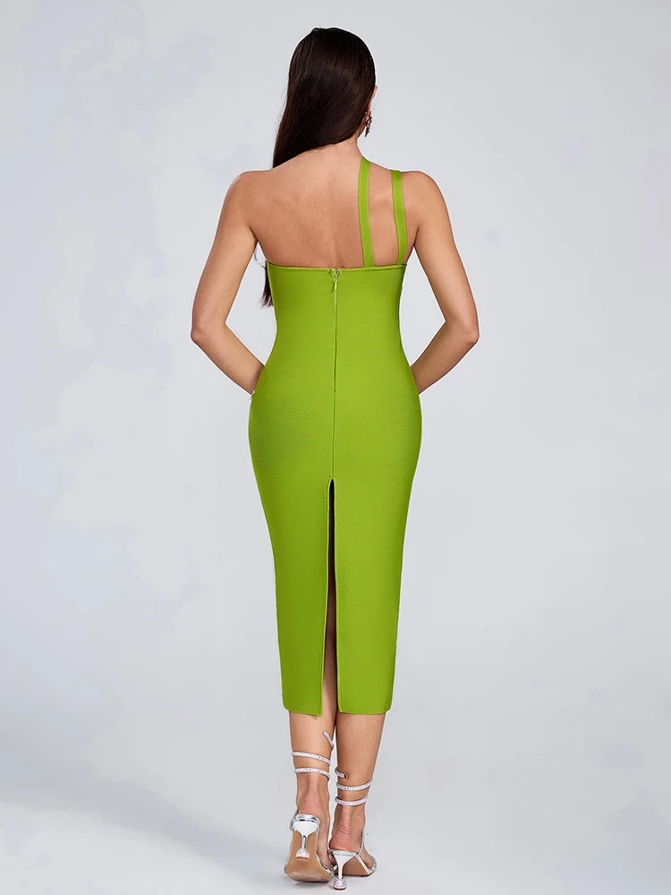 Hollow Out Diamonds One Shoulder Mesh Patchwork Evening Party Bodycon Bandage Midi Dress