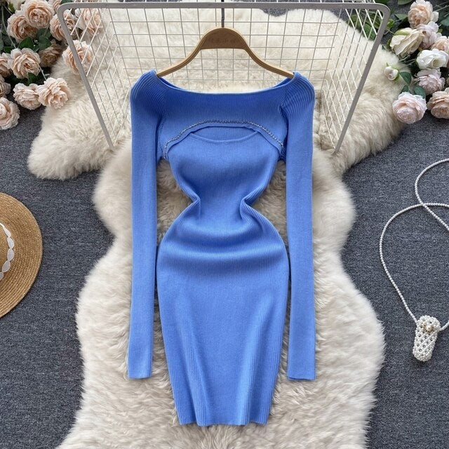 Hollow Out Elegant Off Shoulder Slim O Neck Sweater Dress