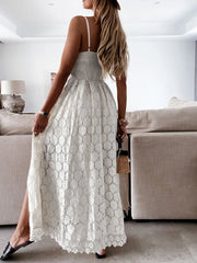Hollow Out Floral Lace Sleeveless V Neck Sling Cover Up Beach Sundress Outfit