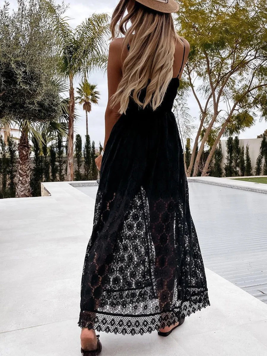 Hollow Out Floral Lace Sleeveless V Neck Sling Cover Up Beach Sundress Outfit