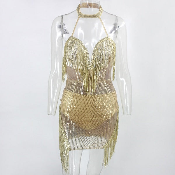 Hollow Out Halter Club Backless Short Glitter Mini Dress