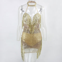 Hollow Out Halter Club Backless Short Glitter Mini Dress