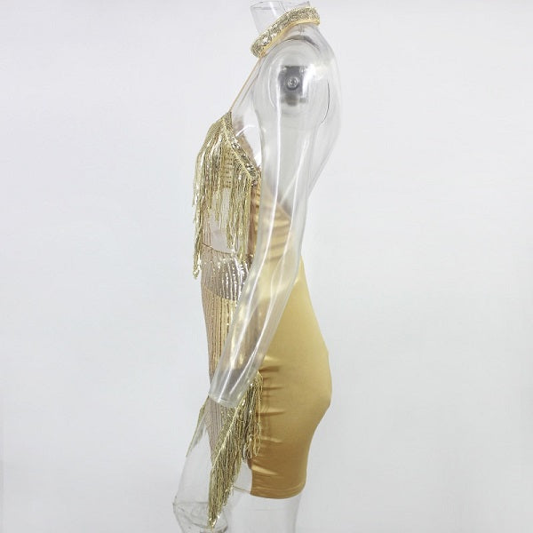 Hollow Out Halter Club Backless Short Glitter Mini Dress