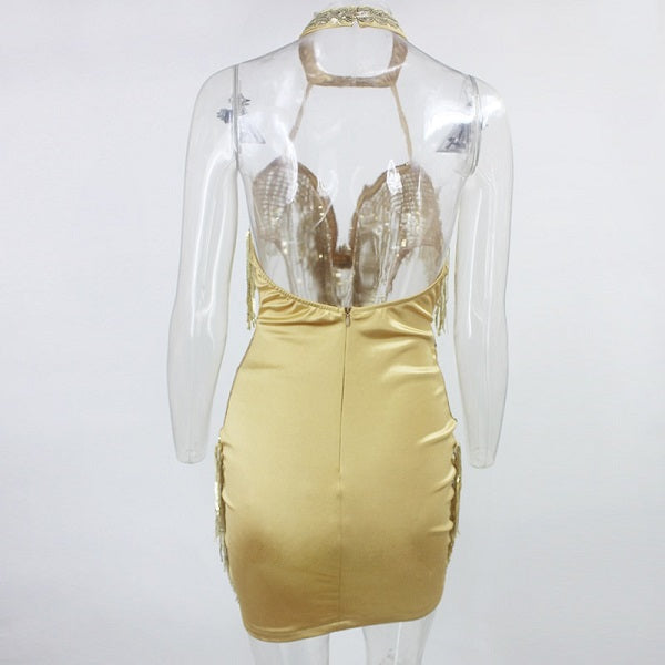 Hollow Out Halter Club Backless Short Glitter Mini Dress