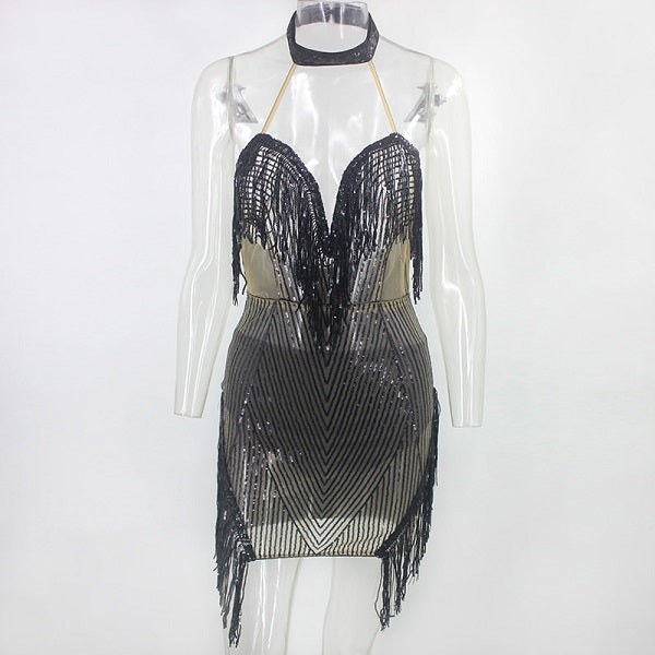 Hollow Out Halter Club Backless Short Glitter Mini Dress