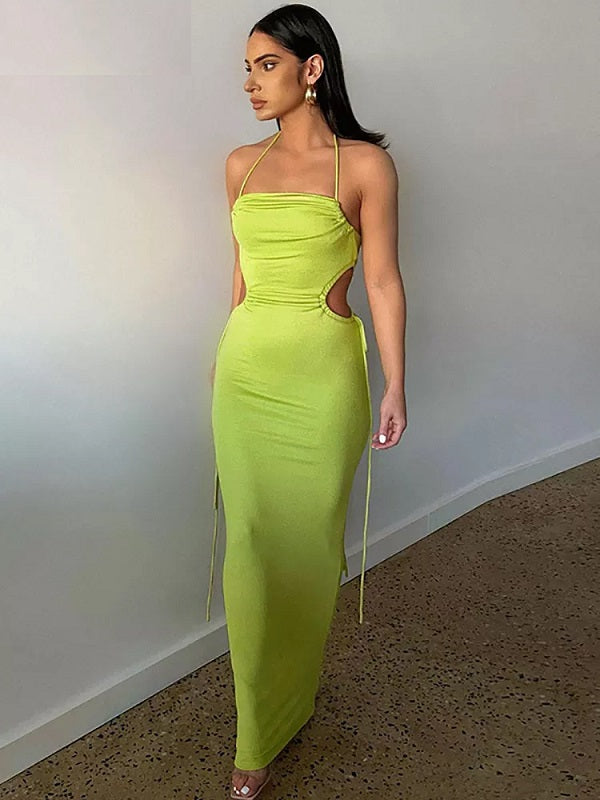 Hollow Out Halter Backless Lace Party Dress