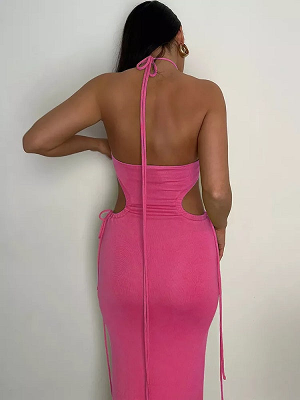 Hollow Out Halter Backless Lace Party Dress