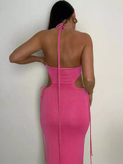Hollow Out Halter Backless Lace Party Dress