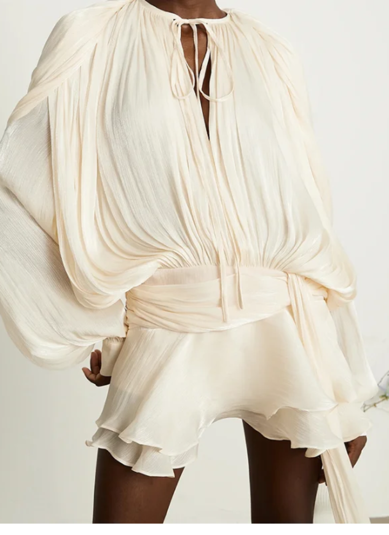 Hollow Out High Collar Slim Fit Long Sleeve Robe High Waist Pleated Party Dresses