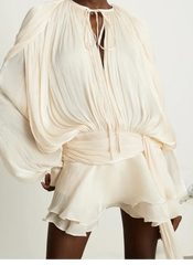 Hollow Out High Collar Slim Fit Long Sleeve Robe High Waist Pleated Party Dresses