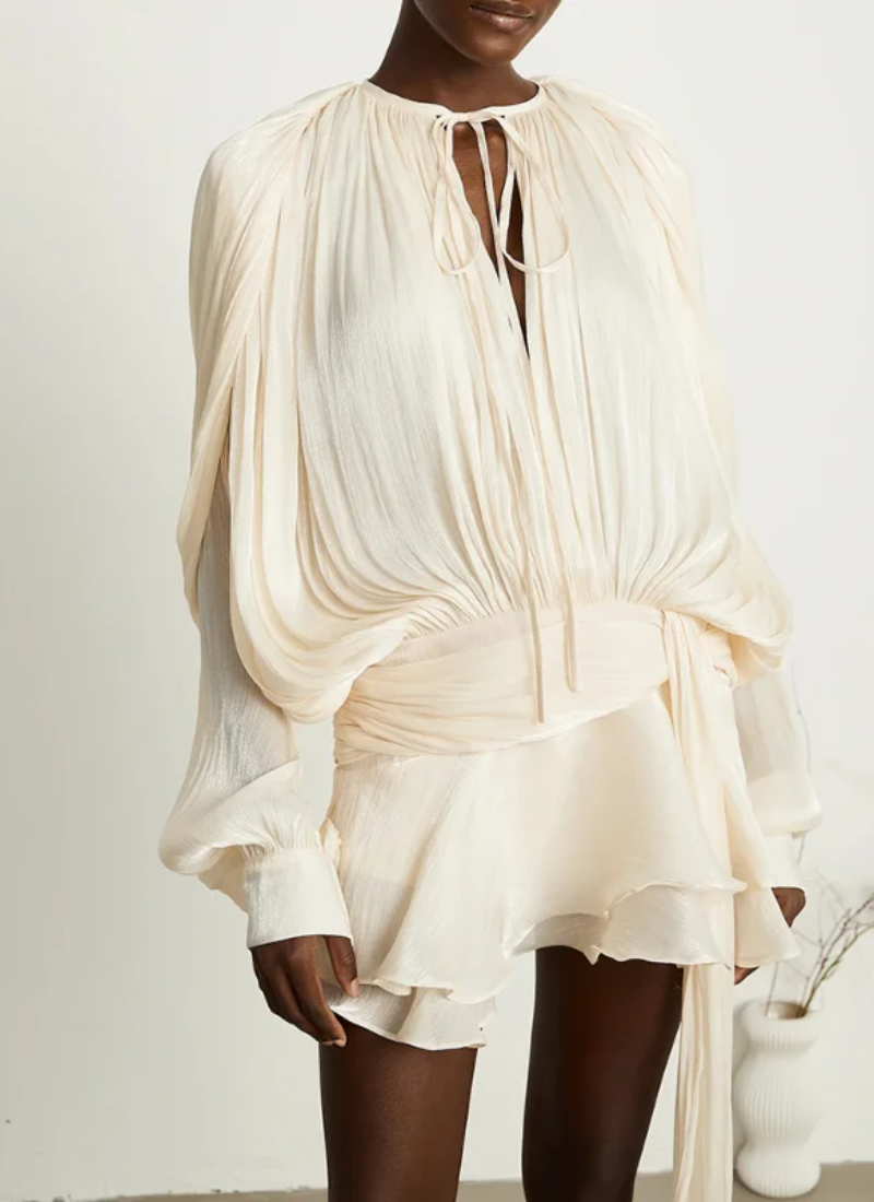 Hollow Out High Collar Slim Fit Long Sleeve Robe High Waist Pleated Party Dresses
