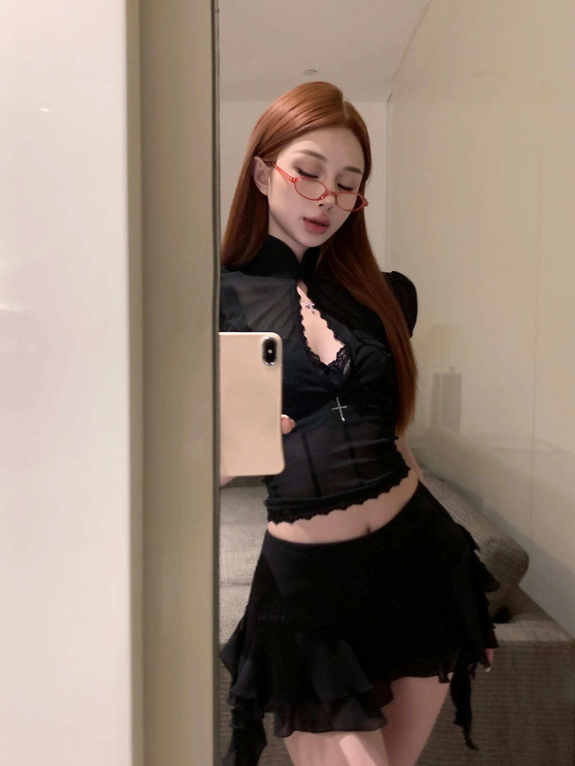 Hollow Out Lace Mesh Shirt Irregular Mini Shirts Vintage Skirt Sets