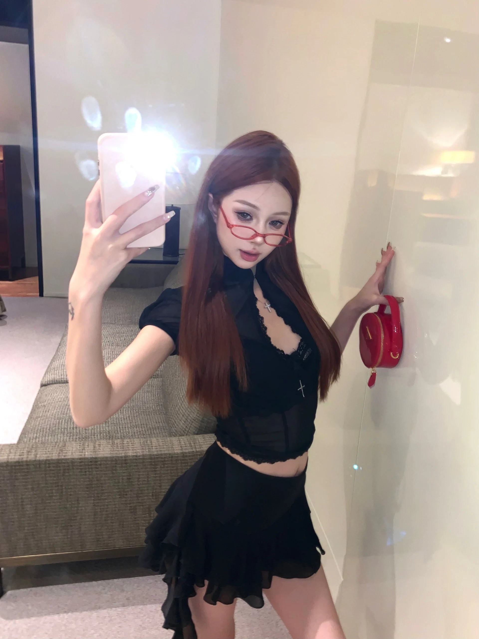 Hollow Out Lace Mesh Shirt Irregular Mini Shirts Vintage Skirt Sets