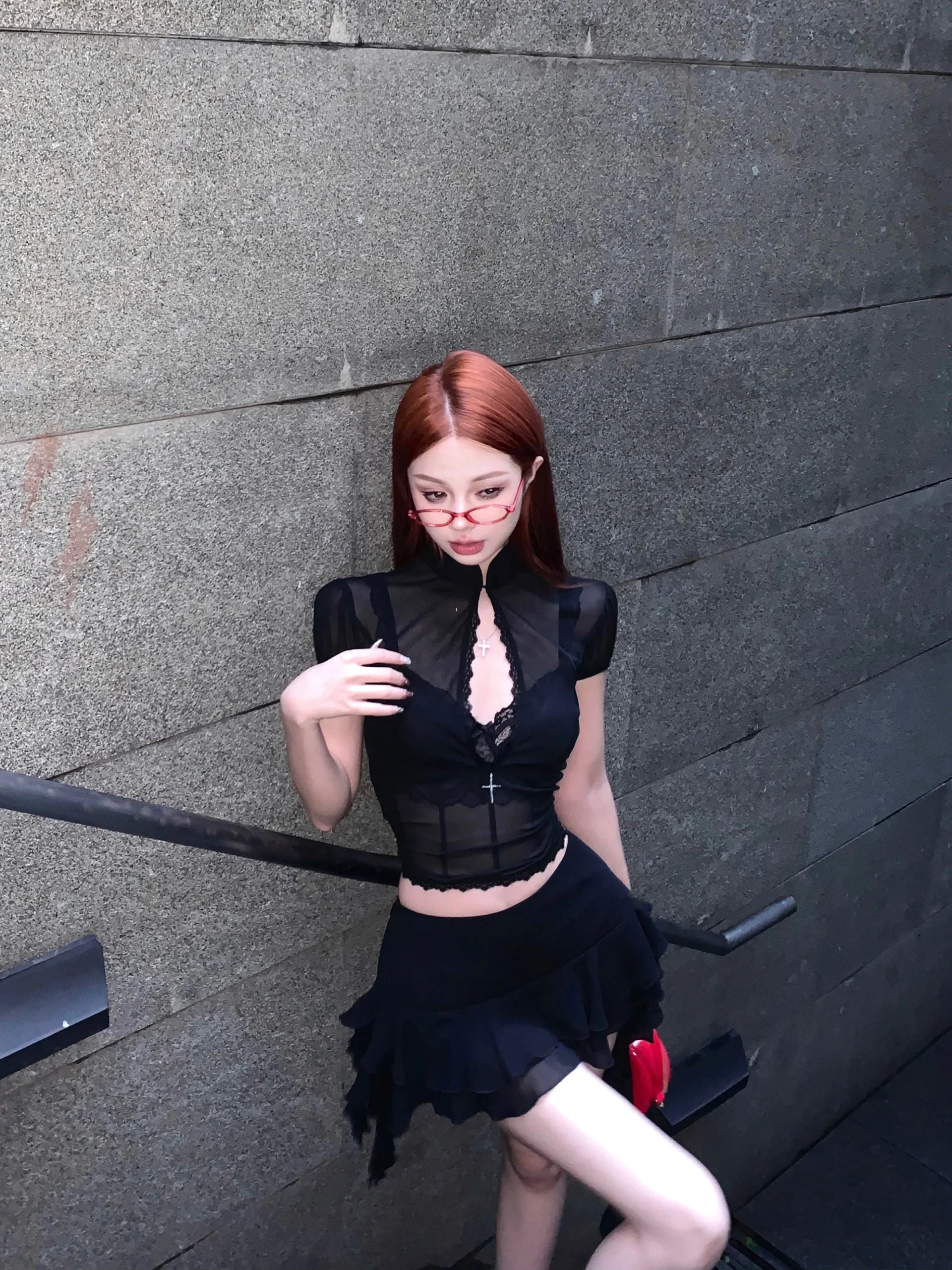 Hollow Out Lace Mesh Shirt Irregular Mini Shirts Vintage Skirt Sets