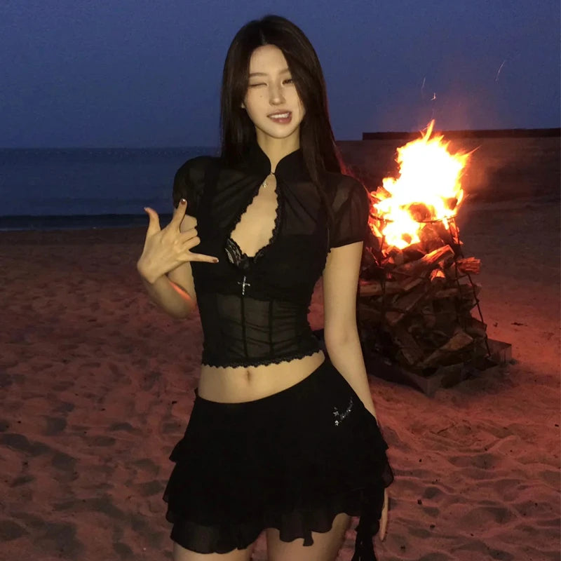 Hollow Out Lace Mesh Shirt Irregular Mini Shirts Vintage Skirt Sets