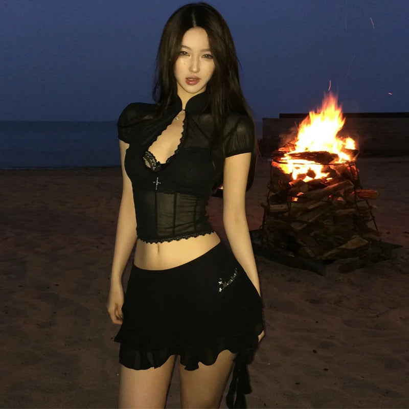 Hollow Out Lace Mesh Shirt Irregular Mini Shirts Vintage Skirt Sets