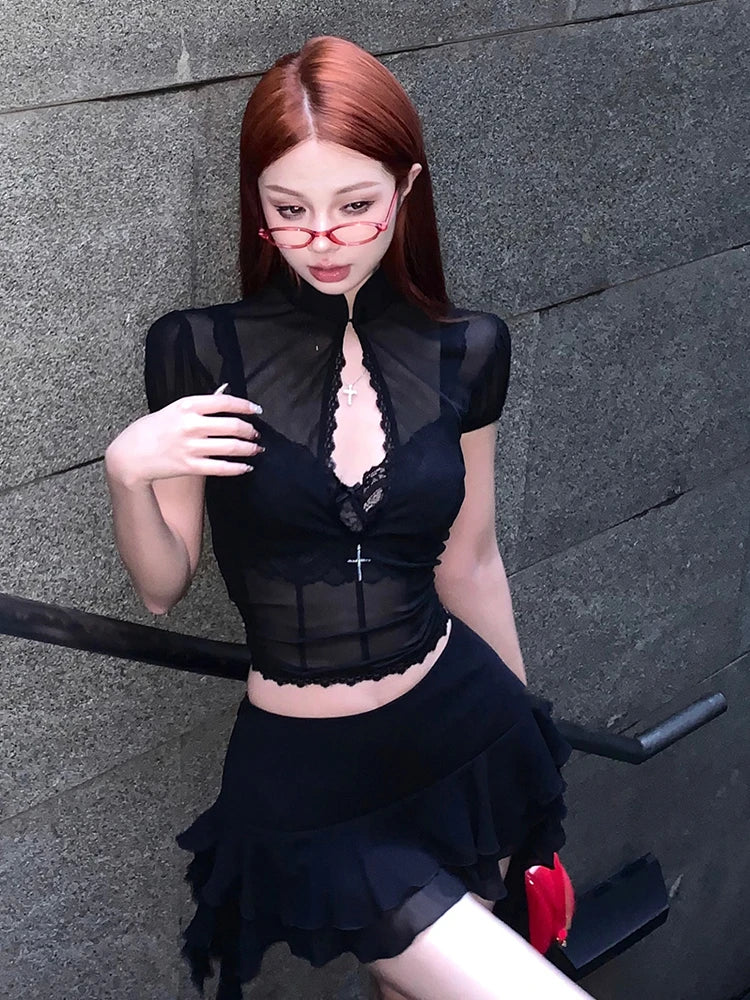 Hollow Out Lace Mesh Shirt Irregular Mini Shirts Vintage Skirt Sets