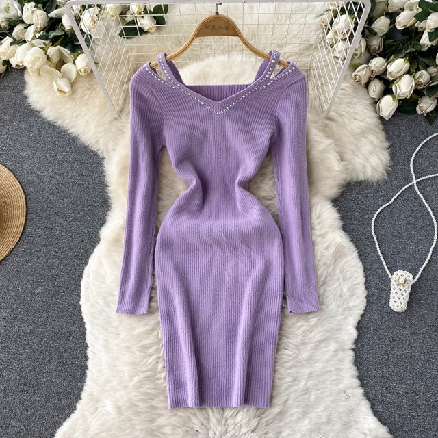 Hollow Out Long Sleeves V Neck Elastic Sweater Dress