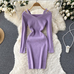 Hollow Out Long Sleeves V Neck Elastic Sweater Dress