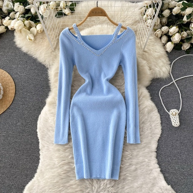 Hollow Out Long Sleeves V Neck Elastic Sweater Dress