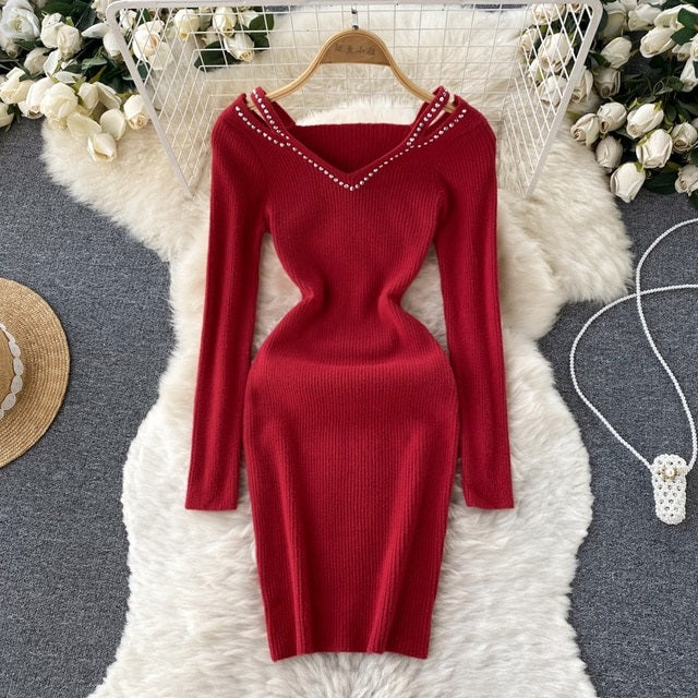Hollow Out Long Sleeves V Neck Elastic Sweater Dress