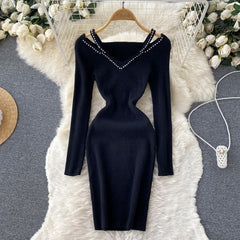 Hollow Out Long Sleeves V Neck Elastic Sweater Dress