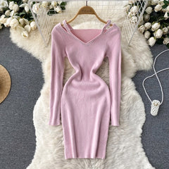 Hollow Out Long Sleeves V Neck Elastic Sweater Dress