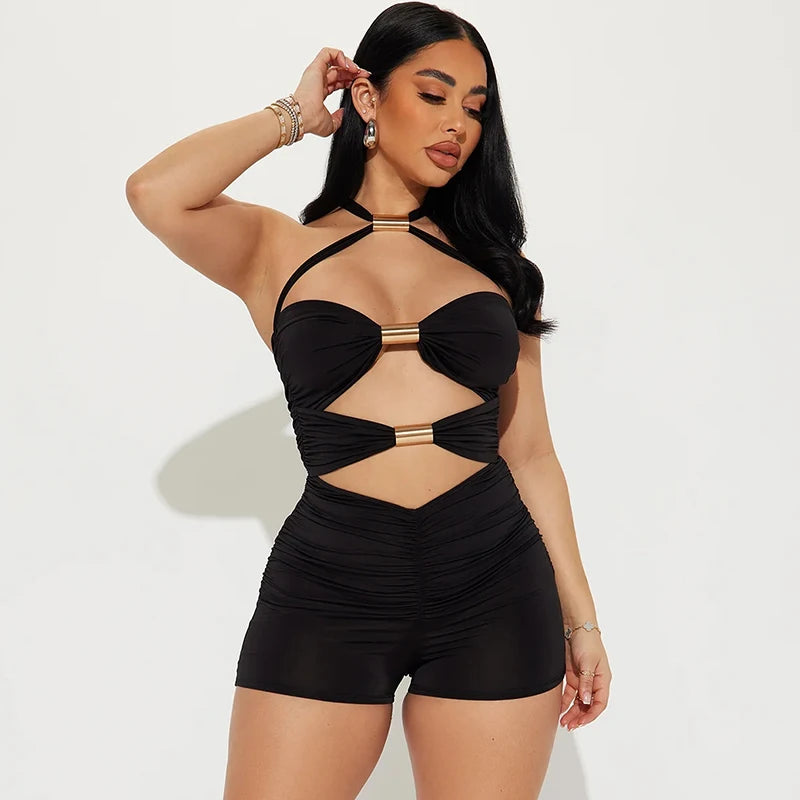 Hollow Out Metal Rings Backless Skinny Vacation Midnight Party Rompers