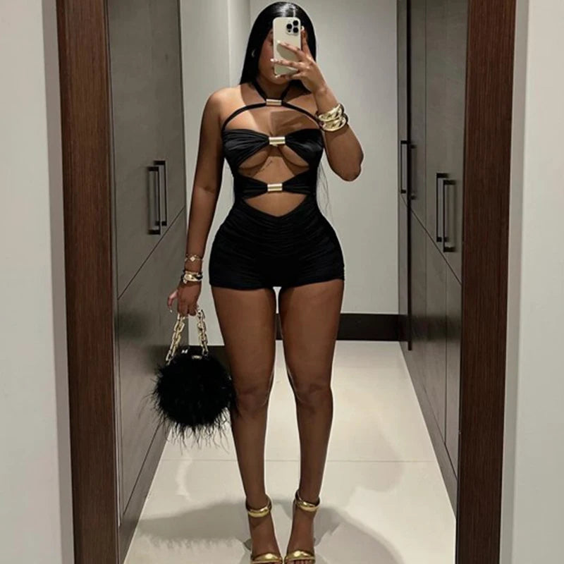 Hollow Out Metal Rings Backless Skinny Vacation Midnight Party Rompers