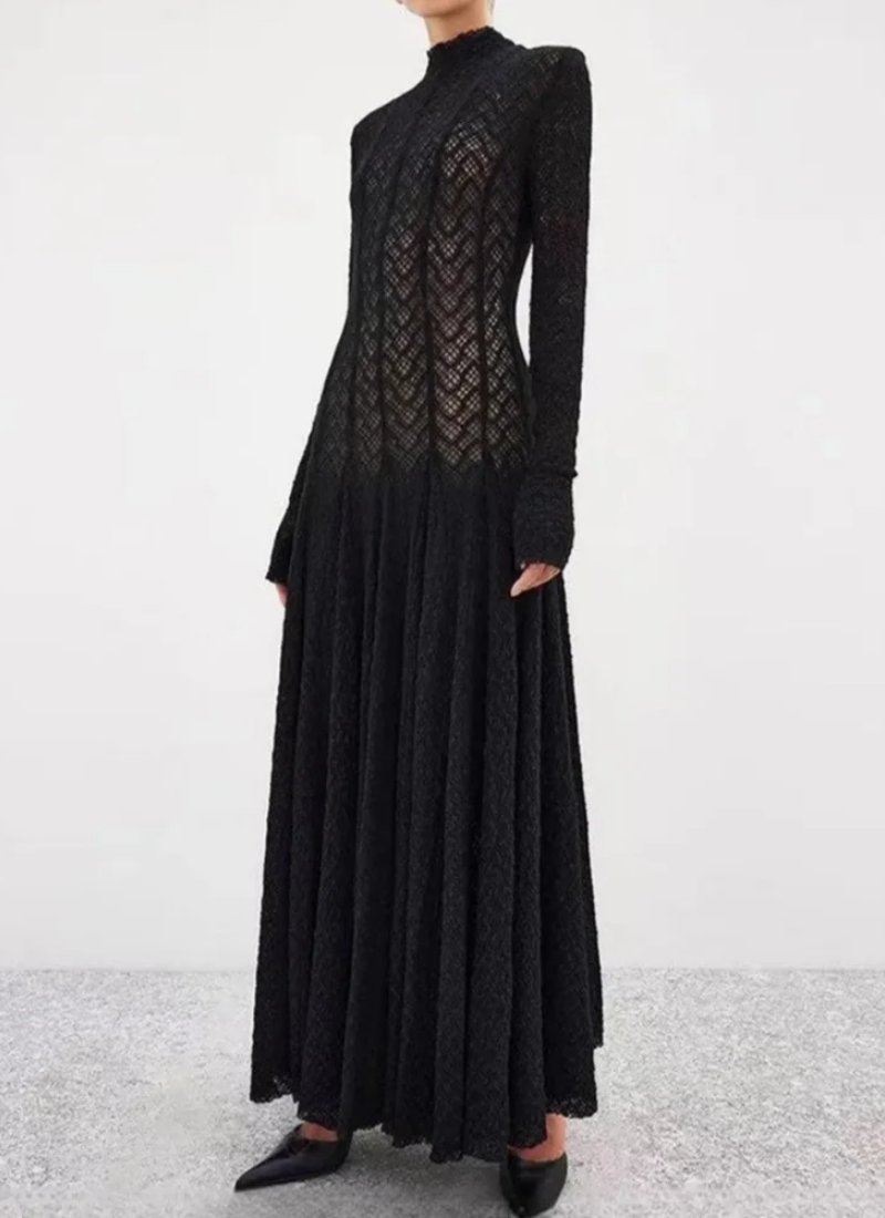 Hollow Out O-Neck Slim Fit Long Sleeve Robe High Waist Pleated Party Mesh Maxi Dresses