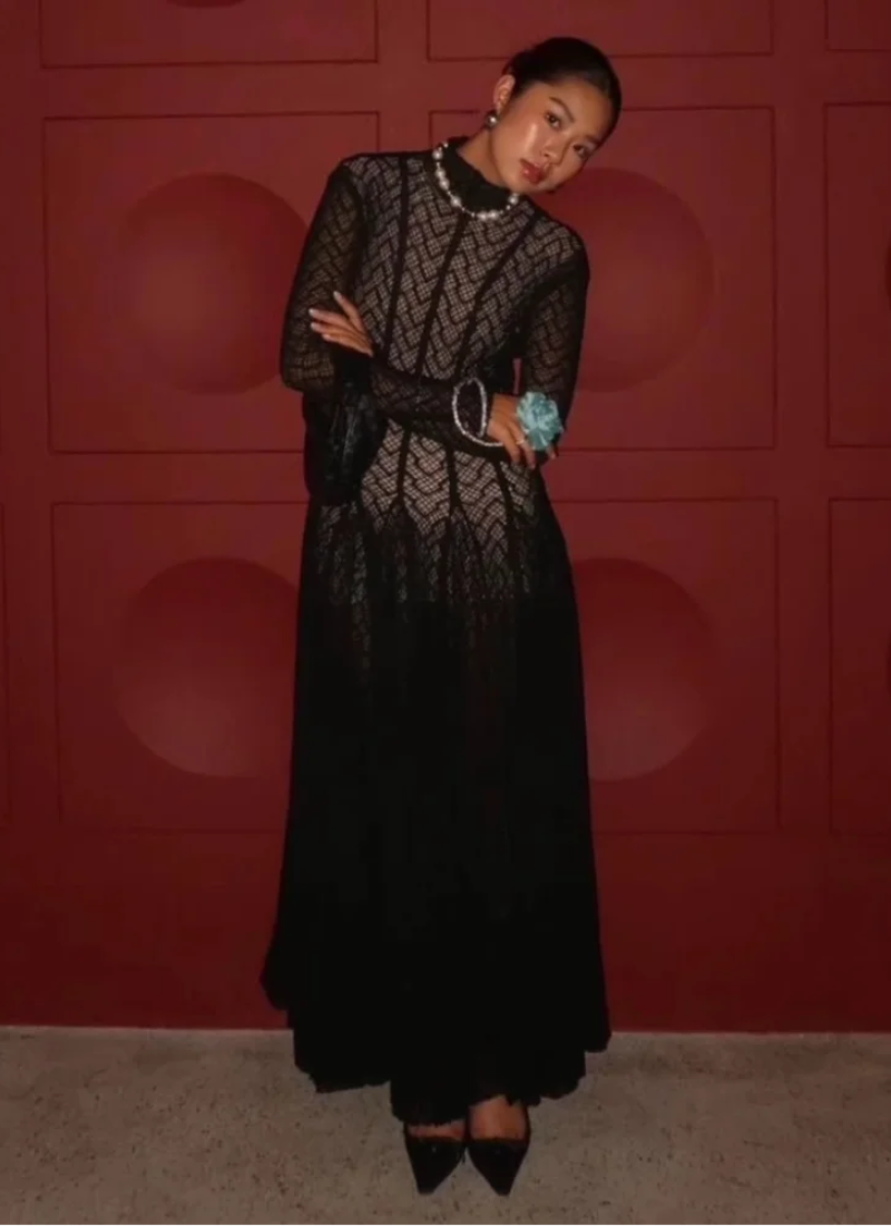 Hollow Out O-Neck Slim Fit Long Sleeve Robe High Waist Pleated Party Mesh Maxi Dresses