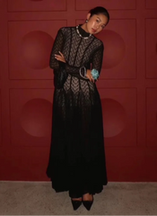 Hollow Out O-Neck Slim Fit Long Sleeve Robe High Waist Pleated Party Mesh Maxi Dresses