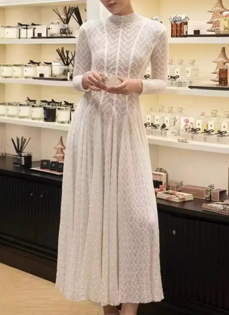 Hollow Out O-Neck Slim Fit Long Sleeve Robe High Waist Pleated Party Mesh Maxi Dresses