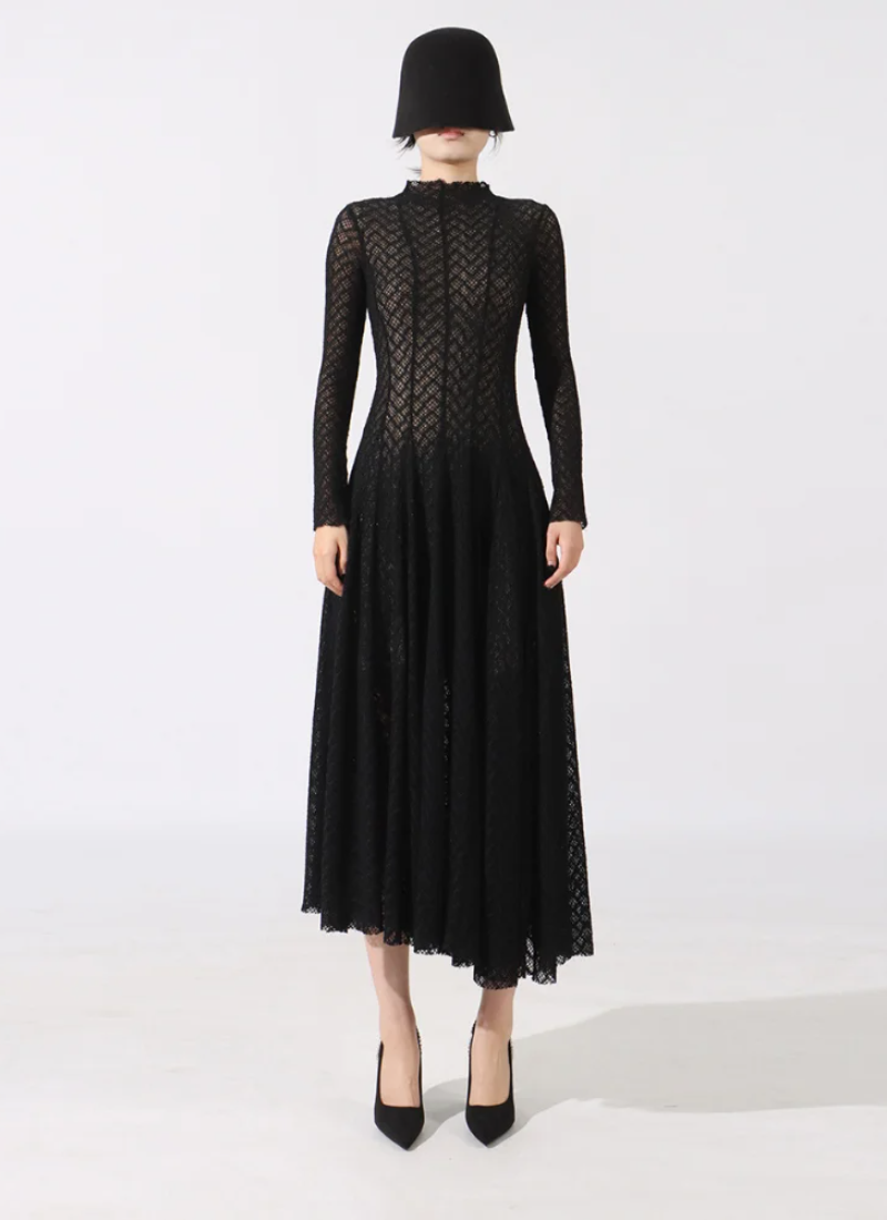 Hollow Out O-Neck Slim Fit Long Sleeve Robe High Waist Pleated Party Mesh Maxi Dresses