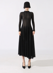 Hollow Out O-Neck Slim Fit Long Sleeve Robe High Waist Pleated Party Mesh Maxi Dresses
