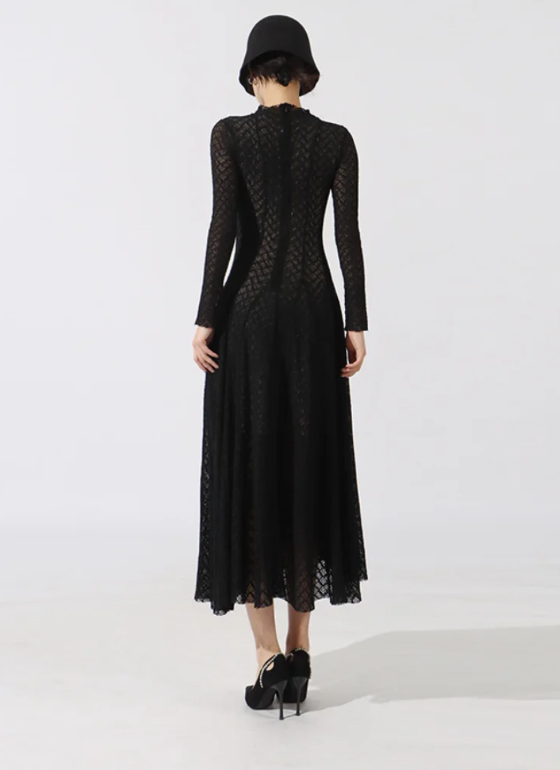Hollow Out O-Neck Slim Fit Long Sleeve Robe High Waist Pleated Party Mesh Maxi Dresses