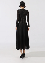 Hollow Out O-Neck Slim Fit Long Sleeve Robe High Waist Pleated Party Mesh Maxi Dresses