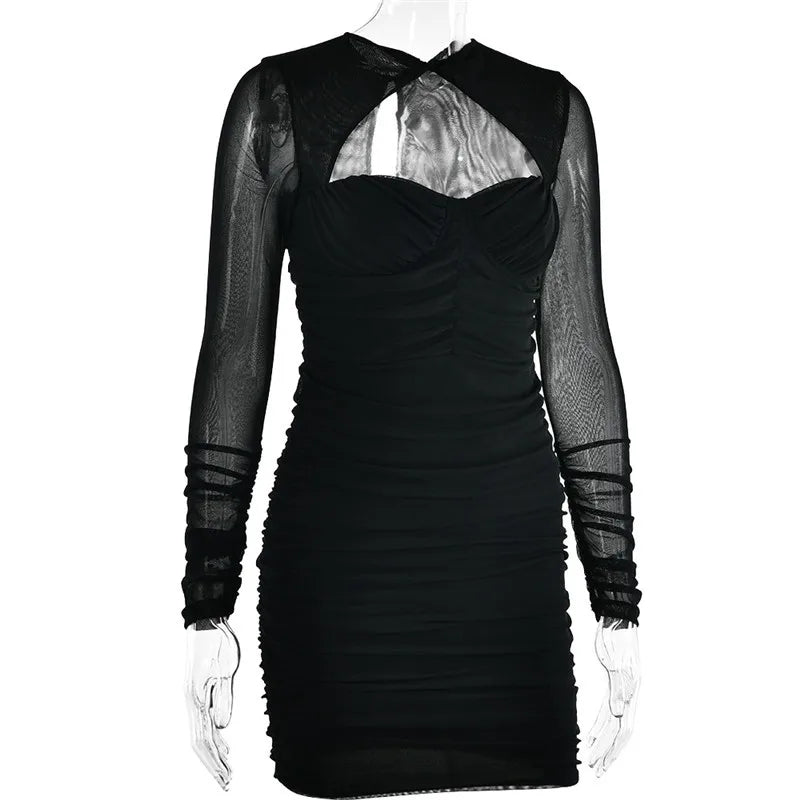 Hollow Out Ruched Mini Dress Two Layer Mesh Sheer Long Sleeve Bodycon Party Short Dress