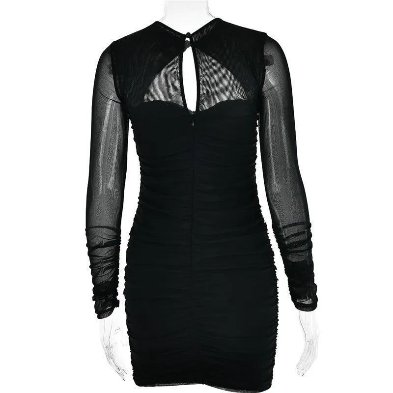 Hollow Out Ruched Mini Dress Two Layer Mesh Sheer Long Sleeve Bodycon Party Short Dress