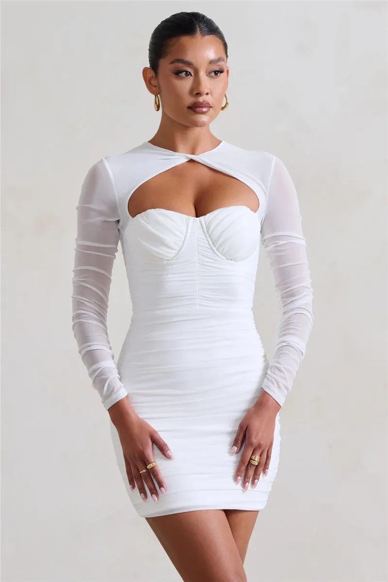 Hollow Out Ruched Mini Dress Two Layer Mesh Sheer Long Sleeve Bodycon Party Short Dress