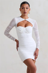 Hollow Out Ruched Mini Dress Two Layer Mesh Sheer Long Sleeve Bodycon Party Short Dress