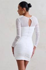 Hollow Out Ruched Mini Dress Two Layer Mesh Sheer Long Sleeve Bodycon Party Short Dress