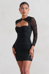 Hollow Out Ruched Mini Dress Two Layer Mesh Sheer Long Sleeve Bodycon Party Short Dress
