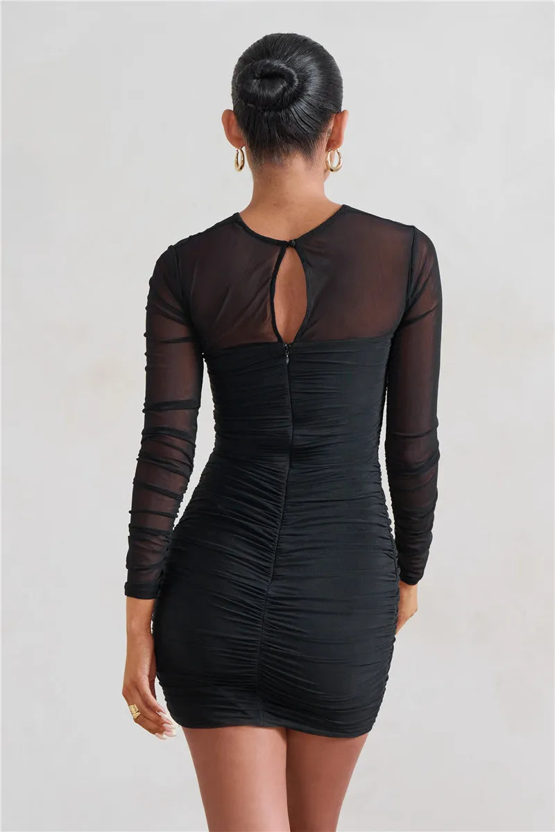 Hollow Out Ruched Mini Dress Two Layer Mesh Sheer Long Sleeve Bodycon Party Short Dress